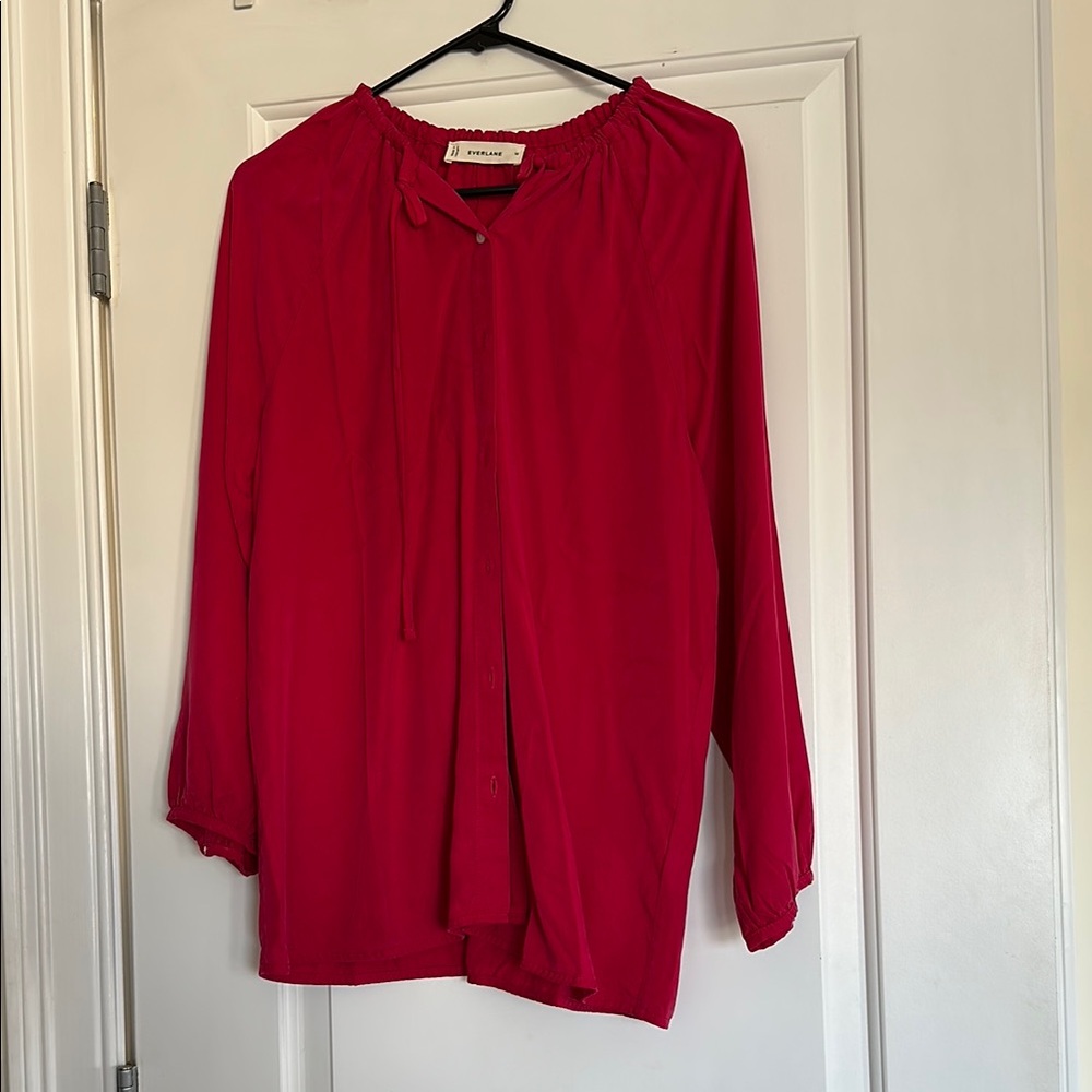 Everlane pink gather neck blouse